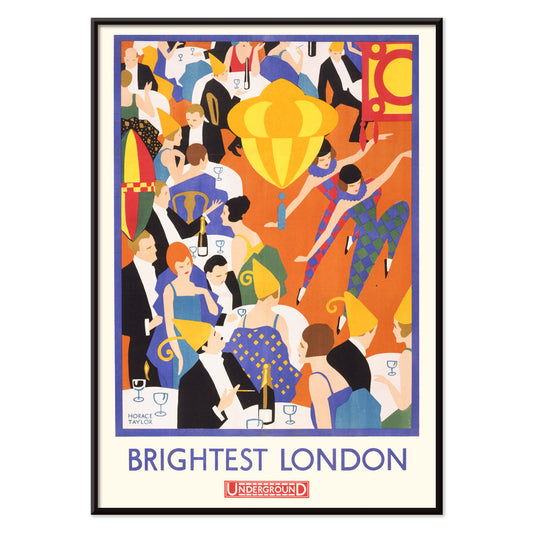 Colorful lively party scene with elegantly dressed dancing couples by Horace Taylor titled Brightest London and home by Underground poster, with black aluminium frame on white background