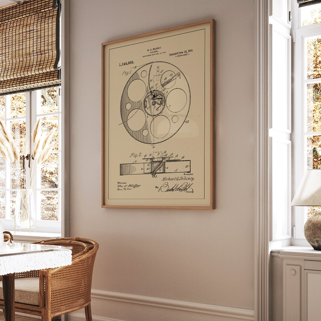 Vintage film reel patent illustration and schematic artwork by M G Delaney for wall art decor, framed and displayed in home decor