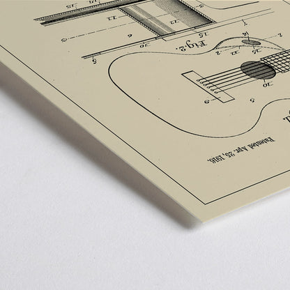 Closeup detail of Musical Instrument Patent by H Ernst with detailed technical drawings of a stringed instrument and guitar patent illustration poster