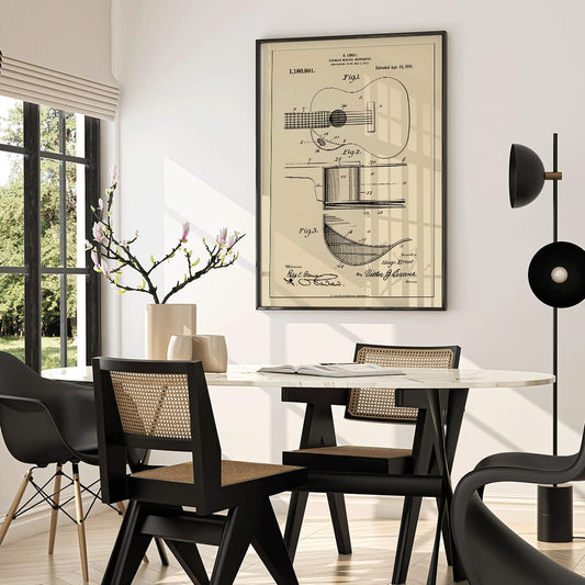 Musical Instrument Patent by H Ernst with detailed technical drawings of a stringed instrument and guitar patent illustration poster, framed and displayed in home decor