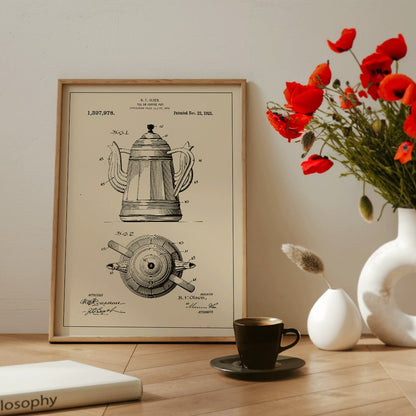 Patent illustration and technical drawing poster of tea or coffee pot by B F Olsen with detailed views and patent information, framed and displayed in home decor