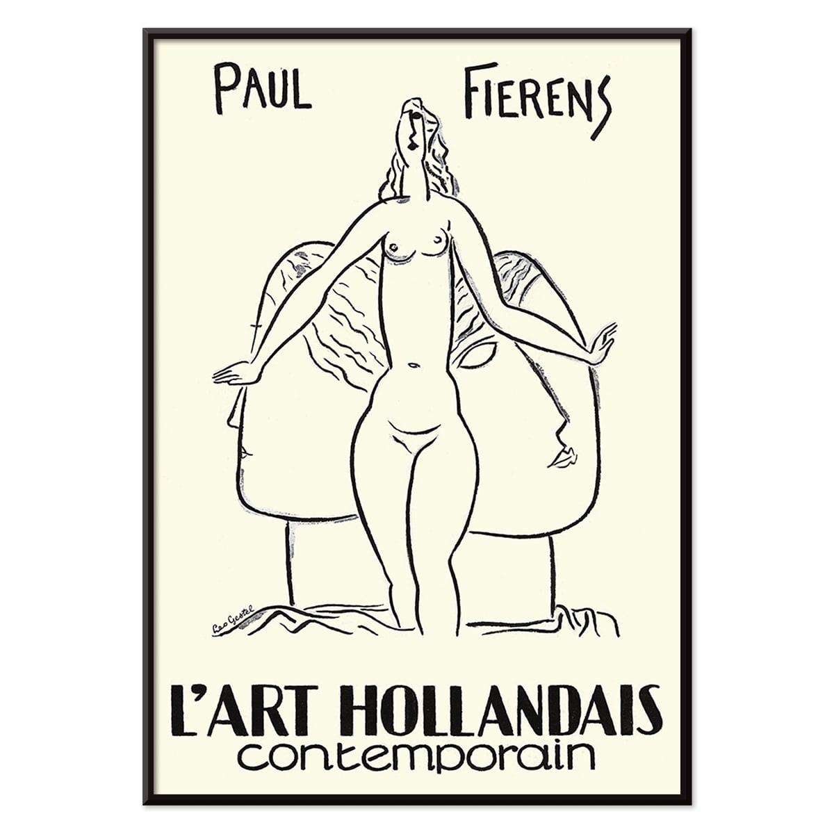 Black and white illustration poster of a nude woman and drawing of a nude figure by Paul Fierens in contemporary Dutch art from L Art Hollandais contemporain, with black aluminium frame on white background