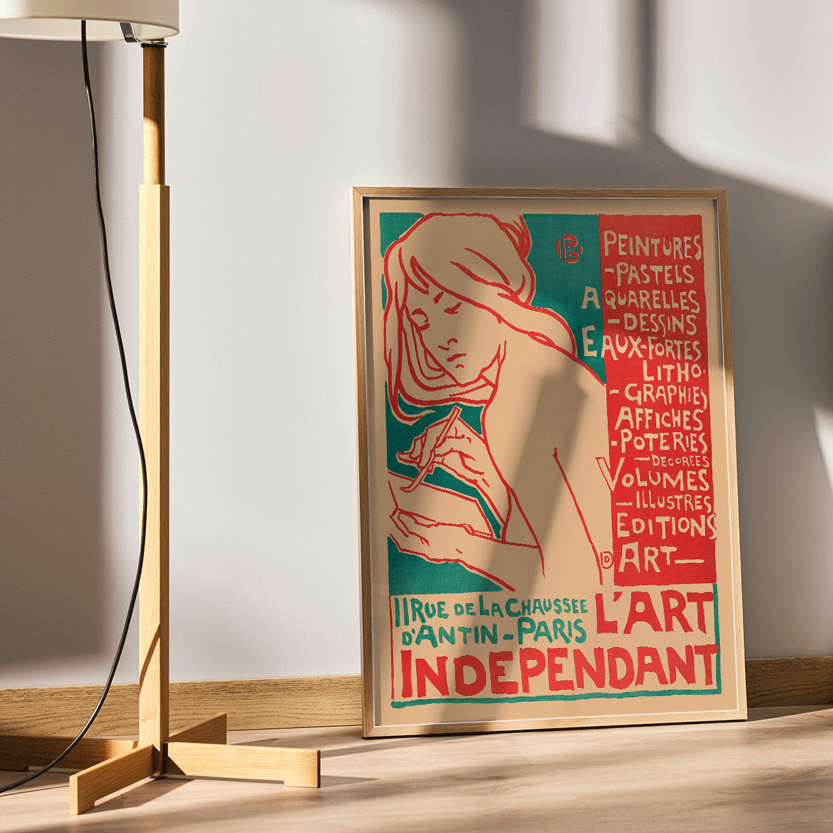 Art Nouveau poster of a woman drawing by Emile Berchmans titled L Art Independant advertising various art forms Paris, framed and displayed in home decor