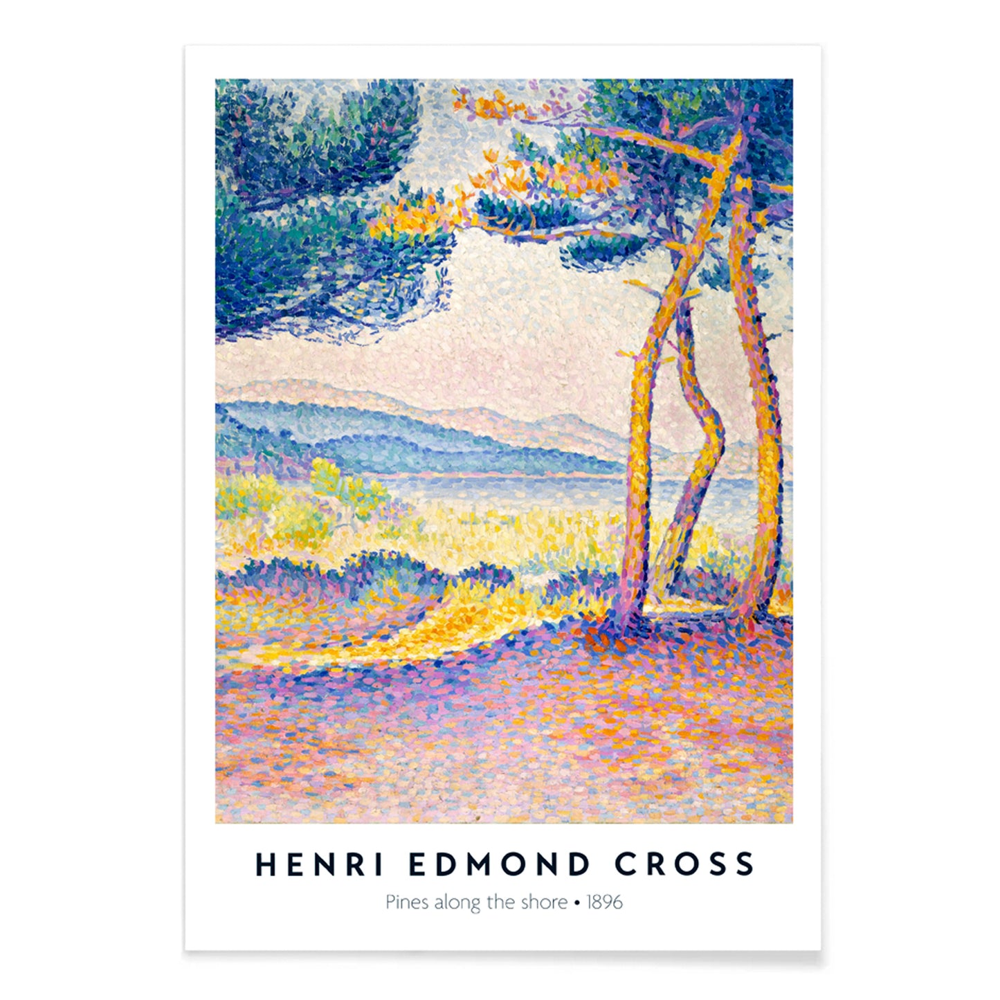 Colorful seascape poster of Pines Along the Shore by Henri Edmond Cross featuring vibrant pine trees and pointillist landscape, with black aluminium frame on white background