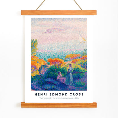 Colorful seascape poster with two women by the Mediterranean shore bright foliage artwork by Henri Edmond Cross Two Women by the Shore, with wooden magnetic frame on white background