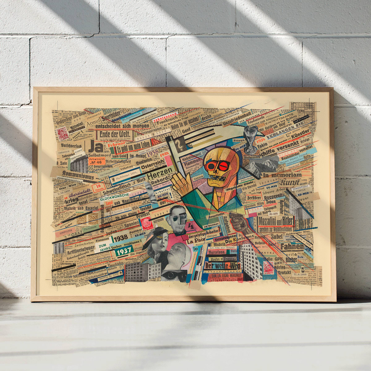 Political collage with newspaper clippings geometric figure and skull by Karl Wiener titled Political collage poster, framed and displayed in modern living room decor