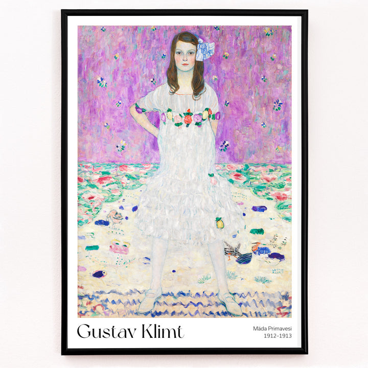 Closeup detail of Mada Primavesi by Gustav Klimt poster featuring a young girl in a white dress with a colorful floral background