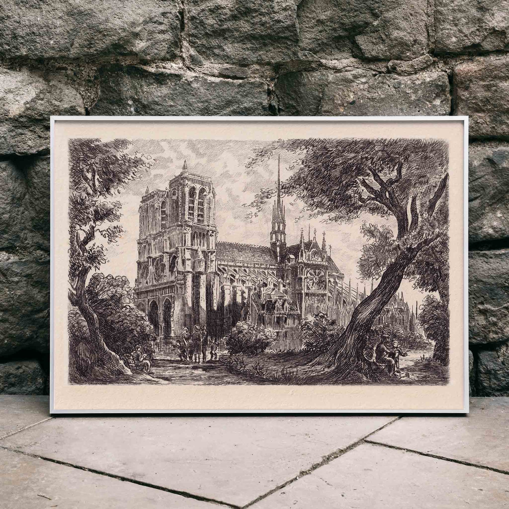 Artistic poster of Notre Dame de Paris cathedral surrounded by trees and people in a scenic landscape, framed and displayed in home decor