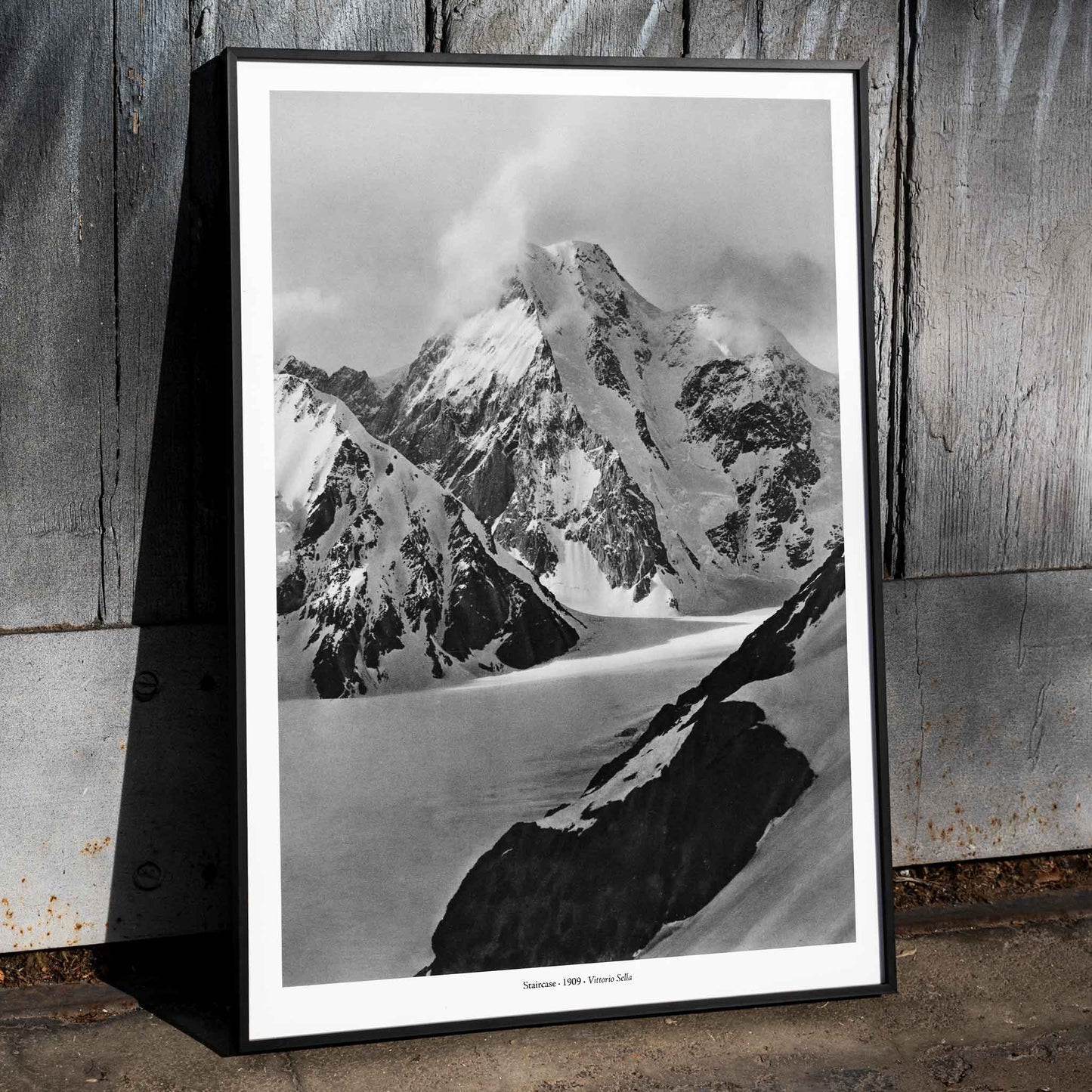 Snow covered mountain landscape by Vittorio Sella Staircase vue prise au dessus du glacier Godwin Austen poster artwork, framed and displayed in home decor