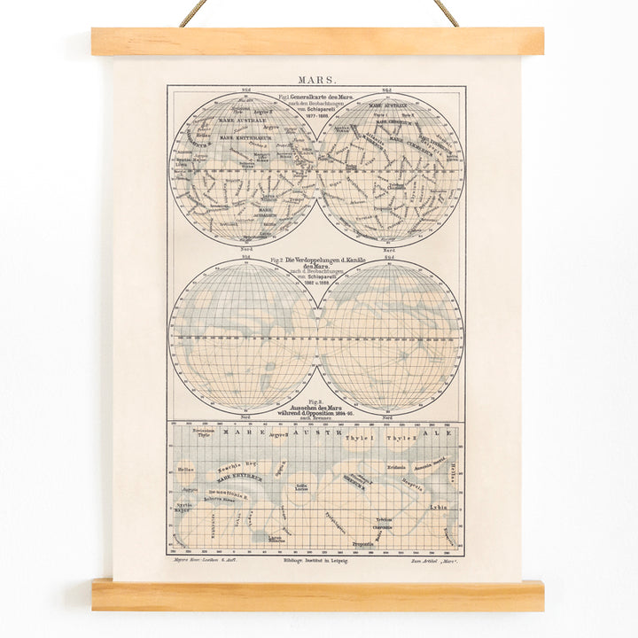 Vintage map of Mars illustration and scientific reference poster by Bibliographic institute of Liepzig, with wooden magnetic frame on white background