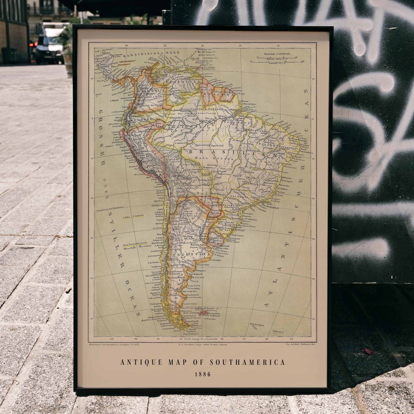 Vintage map of South America by Institute of Liepzig German antique map Brasil detailed geographic features artwork poster, framed and displayed in home decor