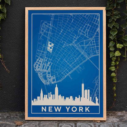 New York Minimalist Map poster by artist New York featuring a blue and white outline of New York City streets above a city skyline silhouette, framed and displayed in home decor