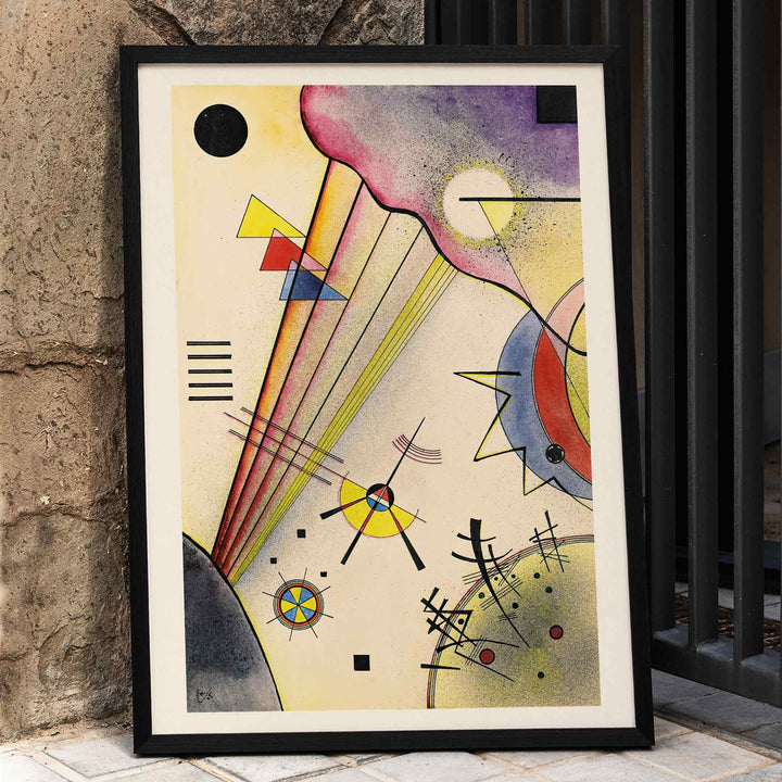 Abstract geometric art with colorful shapes and lines by Wassily Kandinsky titled Deutliche Verbindung Clear Connection, framed and displayed in home decor