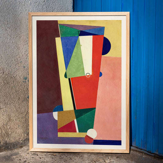 Abstract geometric shapes in vibrant colors inspired by Georges Valmier modern wall art poster suitable for contemporary decor, framed and displayed in home decor