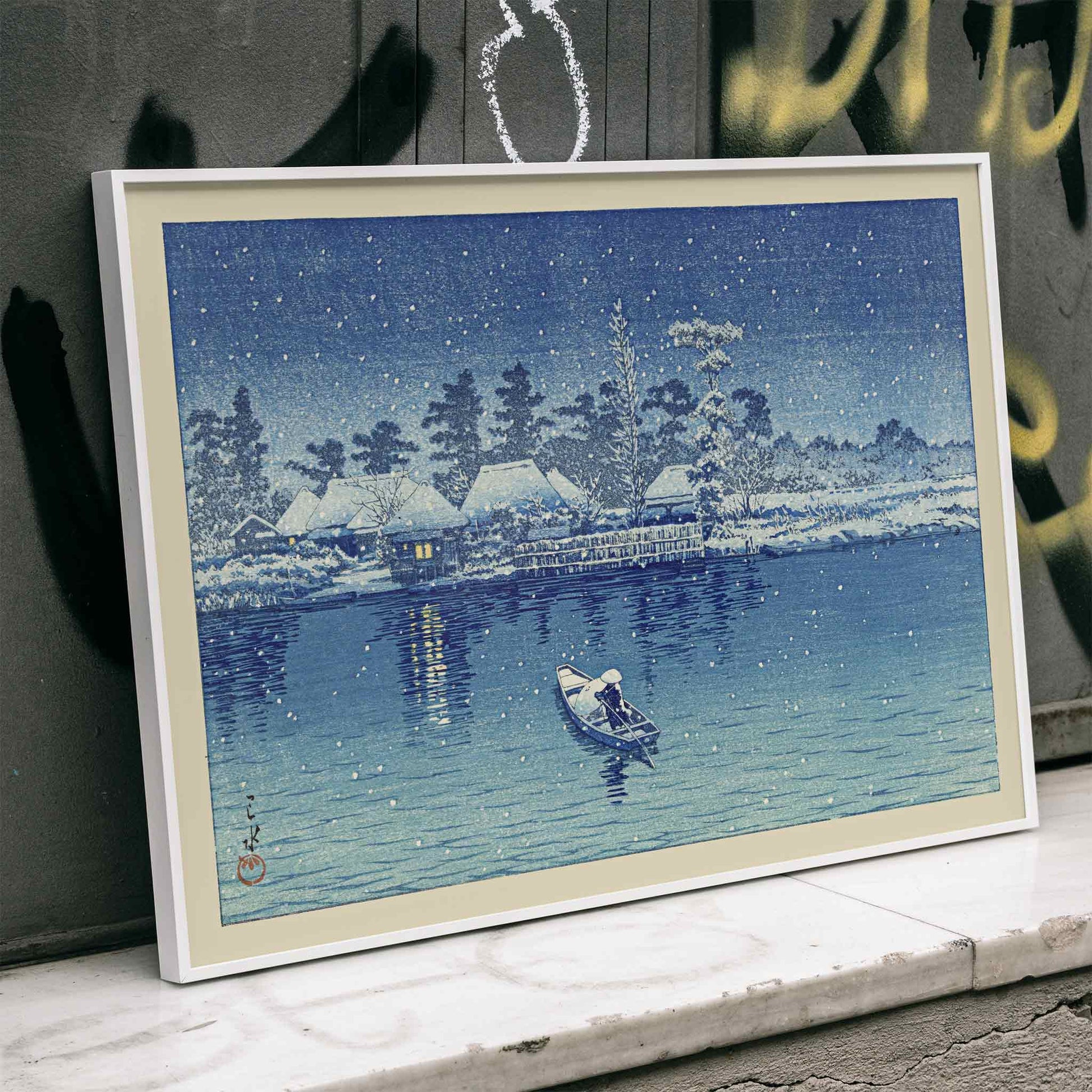 Snowy riverside village at night with boat and person by Kawase Hasui Ushibori Japanese art poster, framed and displayed in home decor