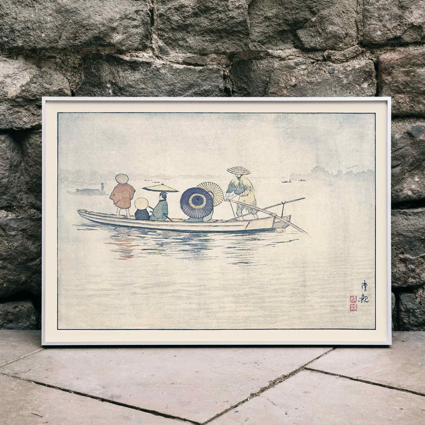 People in traditional Japanese clothing on a boat in the rain near Okawa River Bridge in Spring Rain by Kobayashi Kiyochika Japanese art poster, framed and displayed in home decor
