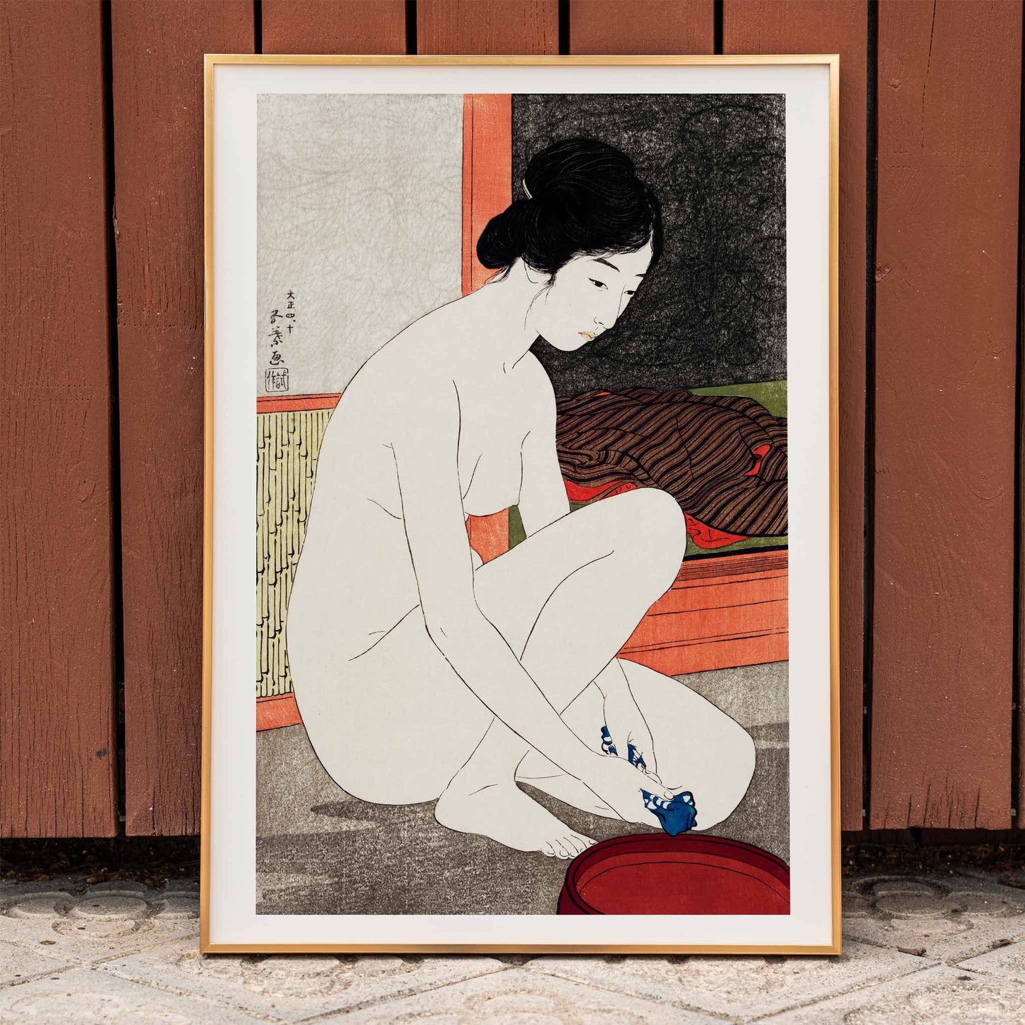 Japanese woman bathing in traditional interior from Yokugo no onna by Goyo Hashiguchi Japanese art poster, framed and displayed in home decor