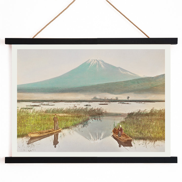 Mount Fuji from Kashiwabara with boats on tranquil lake hand colored albumen print and poster by Kazumasa Ogawa, with wooden magnetic frame on white background