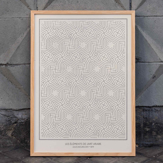 Geometric pattern artwork and poster of intricate geometric patterns Les elements de l art arabe by Jules Bourgoin, framed and displayed in home decor