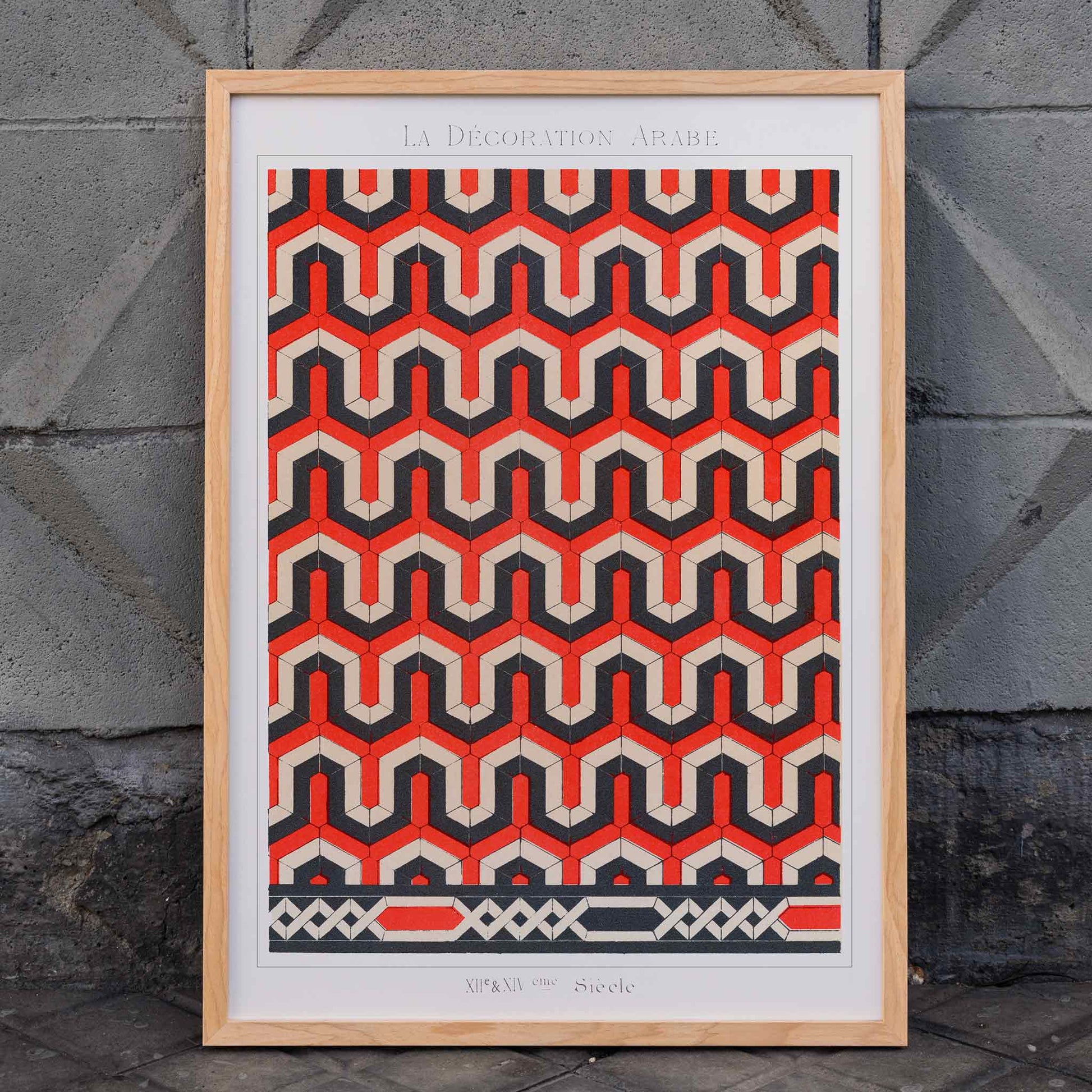 Geometric arabesque and interlocking red black beige pattern by Emile Prisses dAvennes from La Decoration Arabe, framed and displayed in home decor