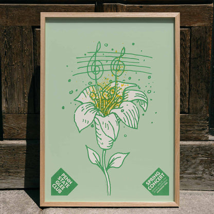 Musical flower illustration and poster with notes on flower stem by Lanny Sommese for Penn State glee club spring concert, framed and displayed in home decor