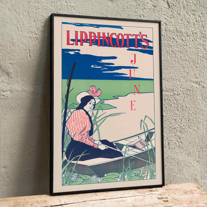 Woman boating on a serene river wearing a striped dress and hat surrounded by reeds and water lilies Lippincotts June by William Carqueville, framed and displayed in home decor