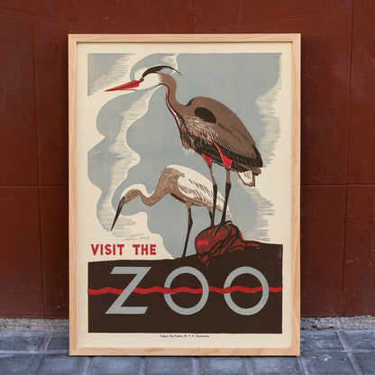 Visit the zoo poster by Federal Art Project WPA Pennsylvania showing two herons standing on a rock with text by the artist, framed and displayed in home decor