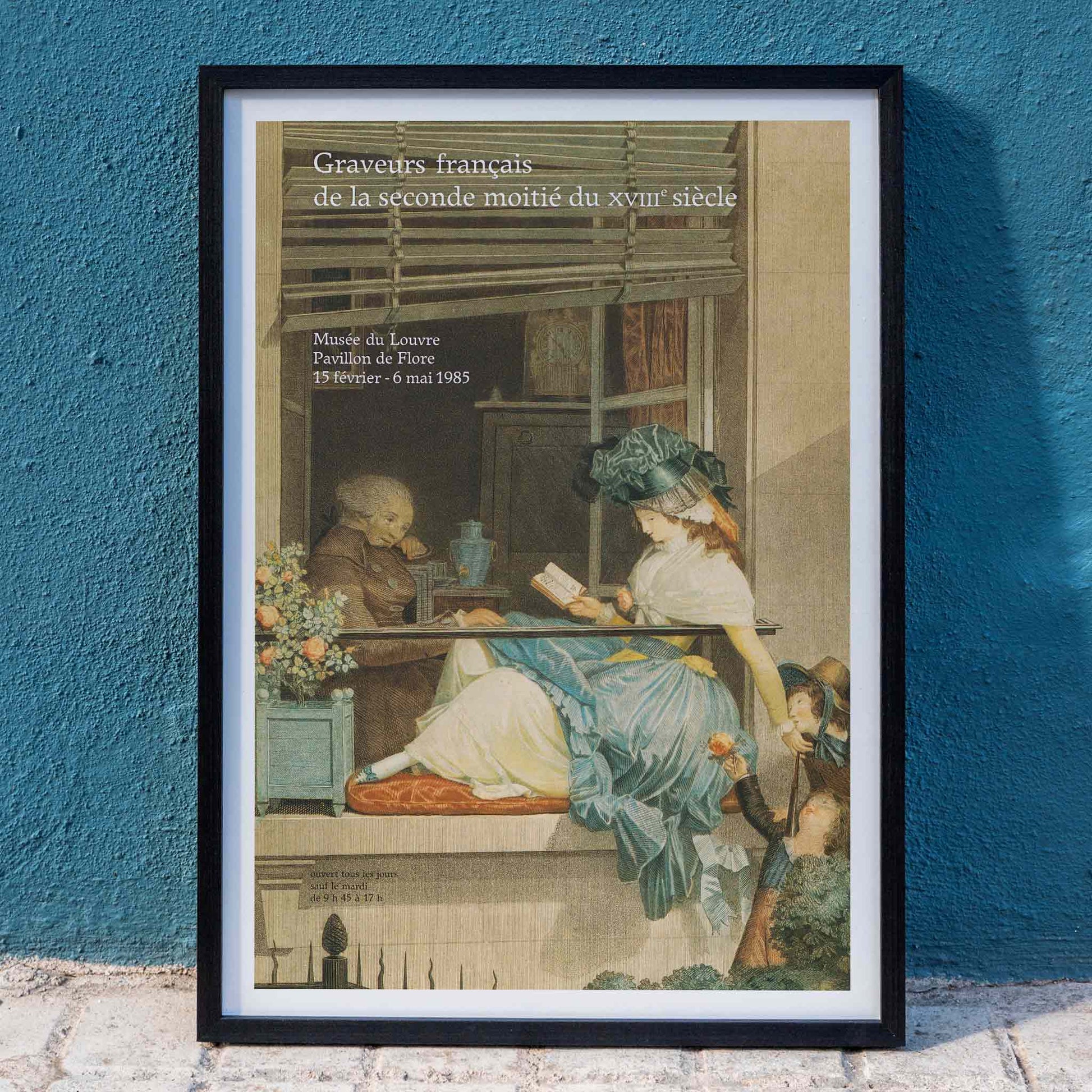 French engravers artwork of a woman reading with a child and elderly man nearby from Graveurs francais de la seconde moitie du XVIIIe siecle, framed and displayed in home decor