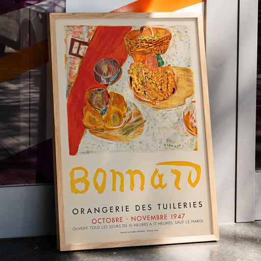Poster for Exposition Bonnard at Orangerie des Tuileries featuring vibrant still life painting by artist Bonnard, framed and displayed in home decor