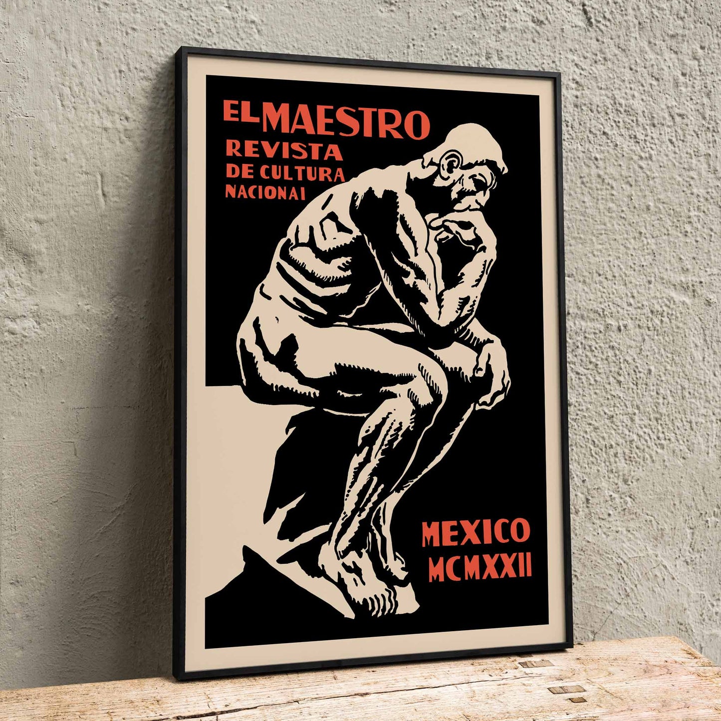 El Maestro Revista de Cultura Nacional Magazine cover and poster featuring a bold graphic thinker statue artwork, framed and displayed in home decor