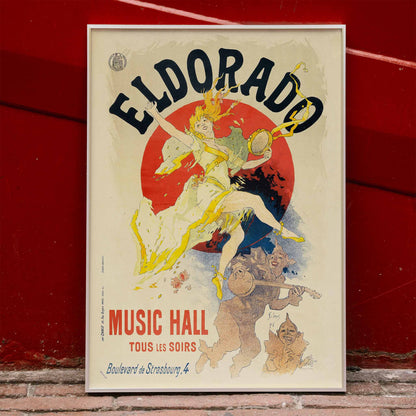 Colorful cabaret poster of Eldorado Music Hall by Jules Cheret showing a lively dancing woman in yellow with musicians and bold colorful graphics, framed and displayed in home decor