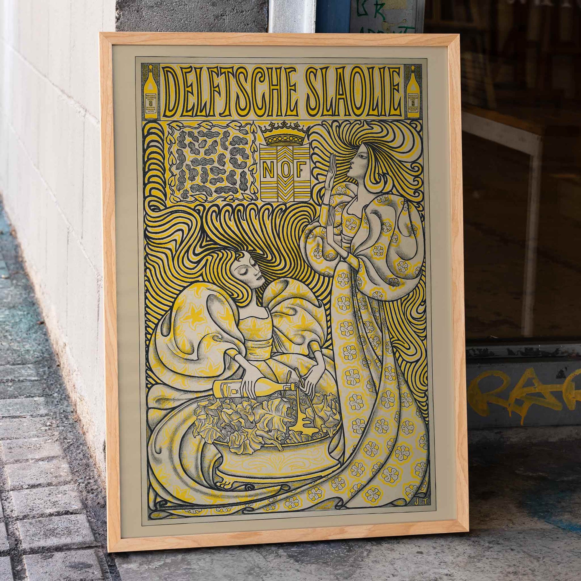 Poster of two women in flowing dresses with decorative swirling patterns and a salad oil bottle Delft Salad Oil by Jan Toorop, framed and displayed in home decor