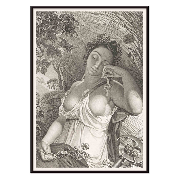 Sleeping Woman by Salvatore Tresca serene woman sleeping in a lush natural setting with flowers and wheat poster, with black aluminium frame on white background