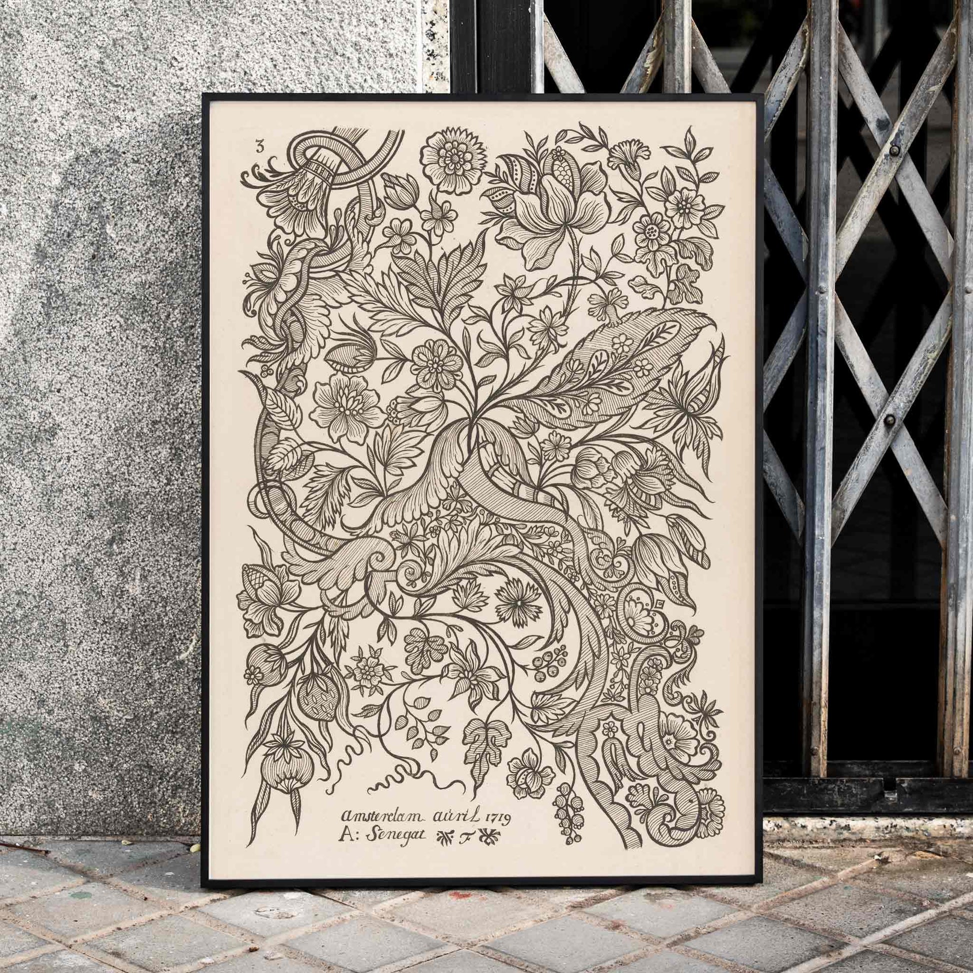 Floral textile pattern and botanical line art poster with intricate flowers by Alexander Senegat Design for textiles Flowers, framed and displayed in home decor