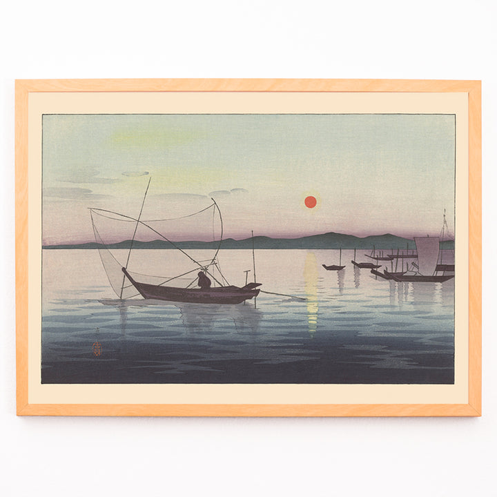 Closeup detail of Traditional Japanese boats on calm water at sunset with mountains artwork by Ohara Koson