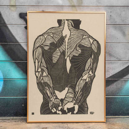 Detailed anatomical illustration of human back muscles artwork titled Back Muscles by Reijer Stolk with intricate linework, framed and displayed in home decor