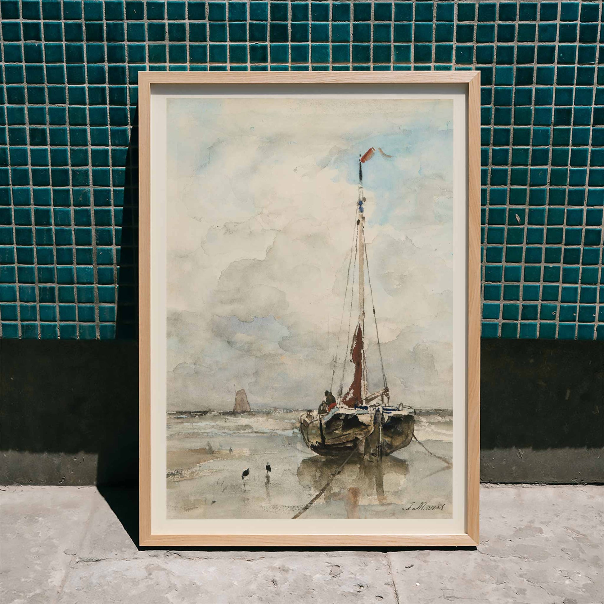 Sail boat on sandy beach under cloudy sky artwork by Jacob Maris poster inspired by Sail boat on the beach, framed and displayed in home decor