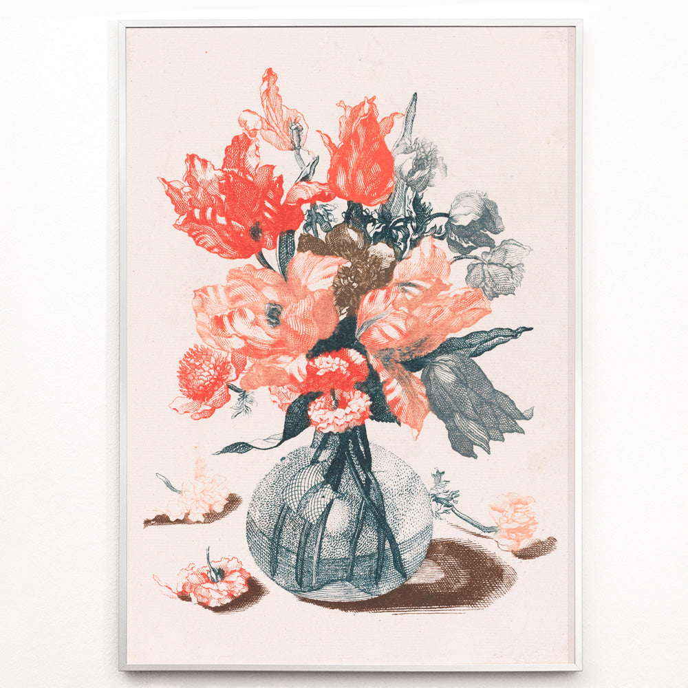Closeup detail of Colorful vibrant floral arrangement in a glass vase artwork and poster by Jean Baptiste Monnoyer from Five Prints of Flowers in Glass Vases