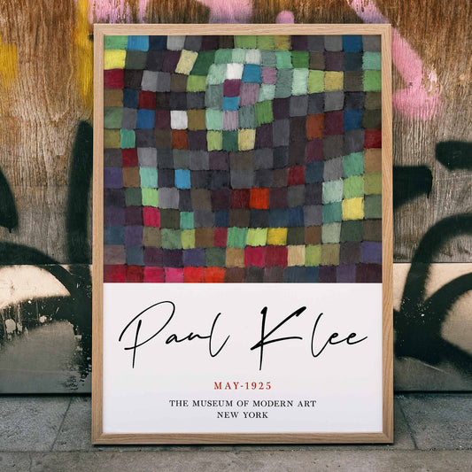 Colorful abstract squares pattern May Picture by Paul Klee poster with artist name displayed below, framed and displayed in home decor