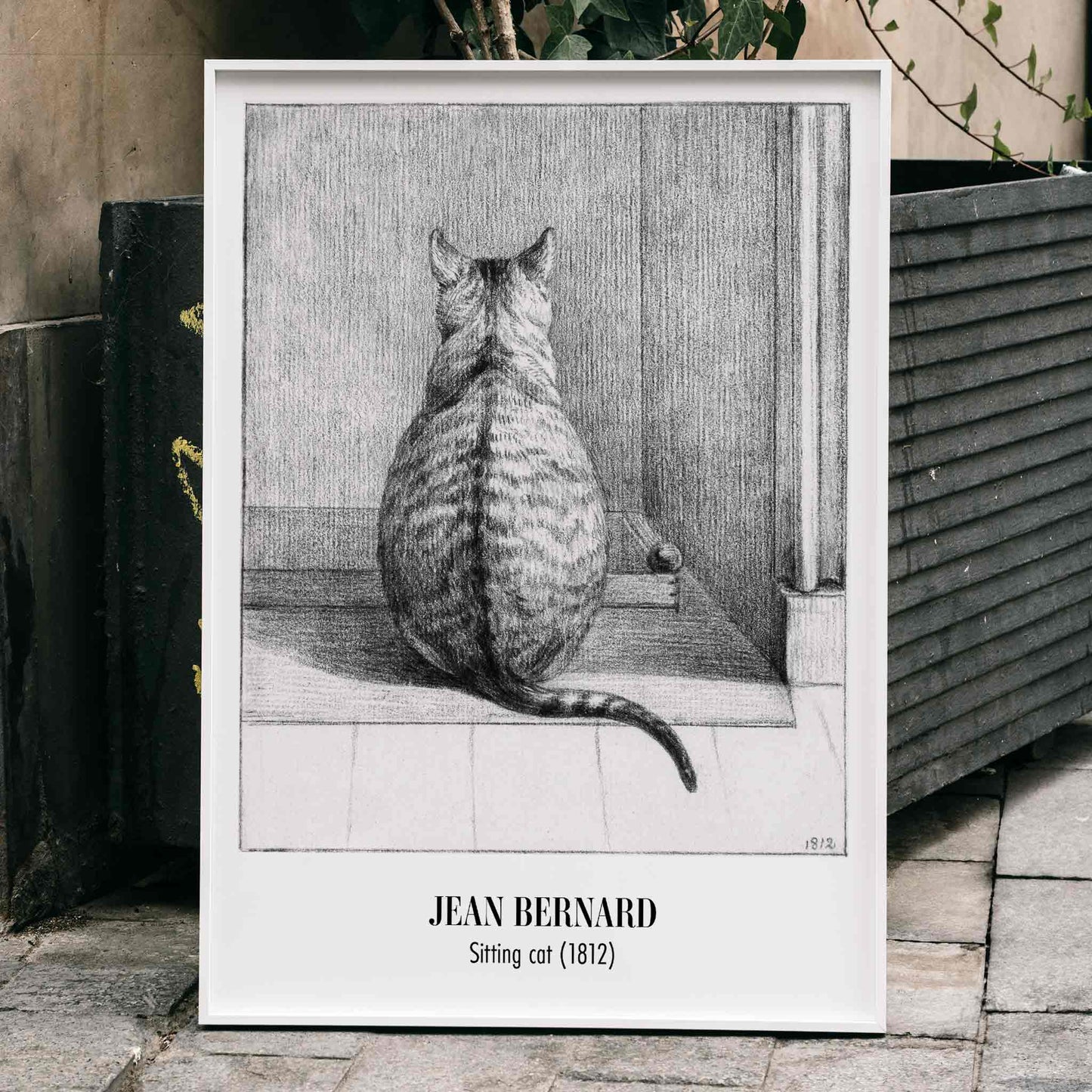 Detailed drawing poster of a sitting cat viewed from behind in a room artwork by Jean Bernard titled Sitting cat from behind, framed and displayed in home decor