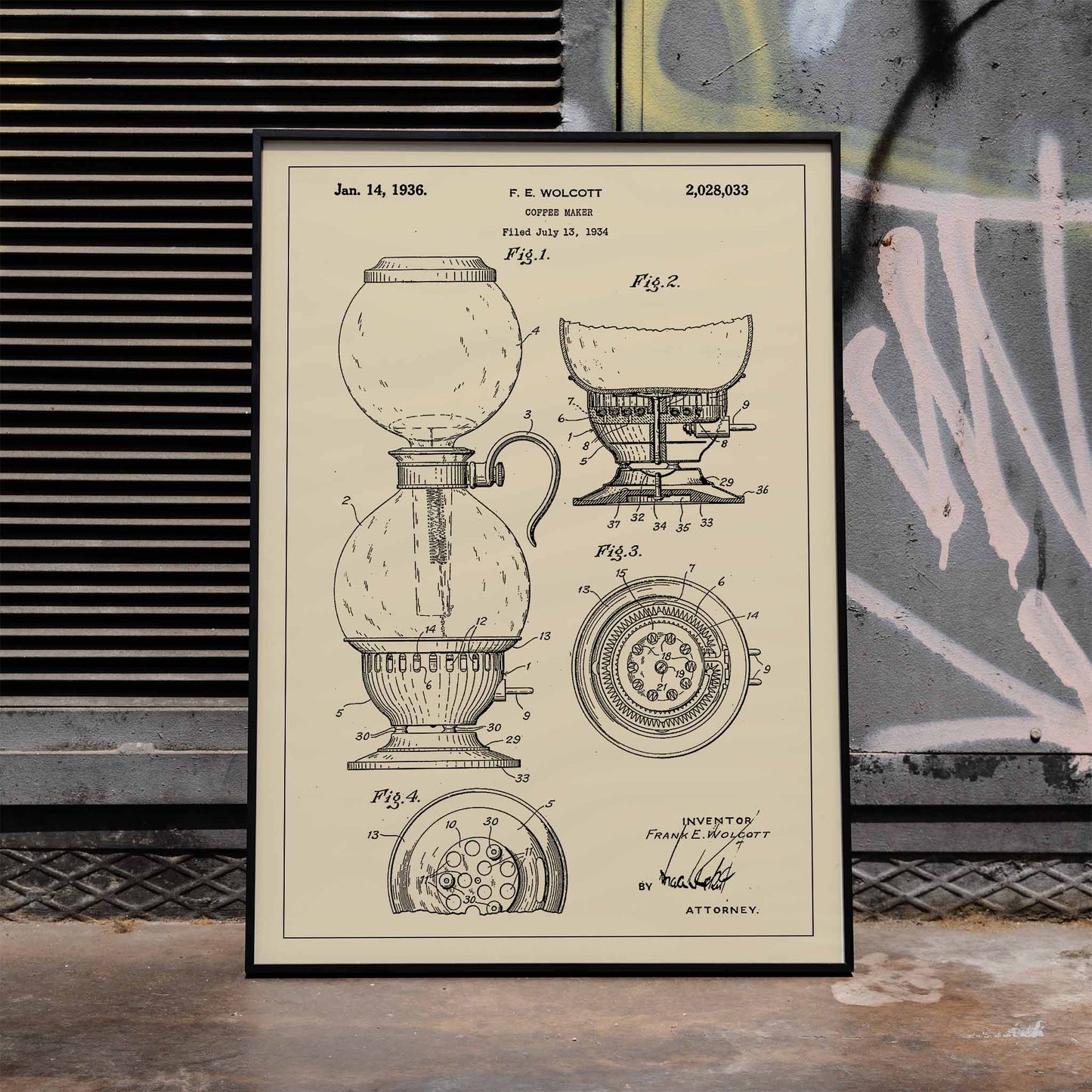 Vintage patent drawing and blueprint poster of Coffee Maker by F E Wolcott featuring detailed diagrams, framed and displayed in home decor