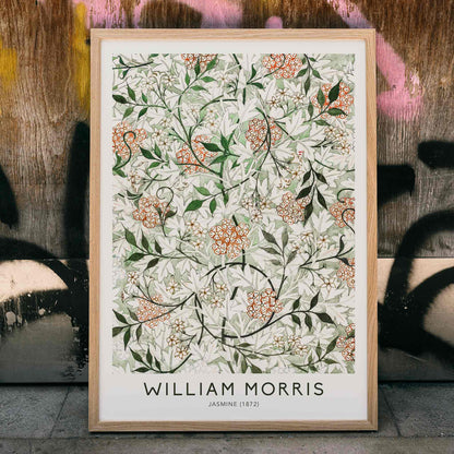 Floral botanical pattern of jasmine flowers and green orange leaves by William Morris artwork poster, framed and displayed in home decor