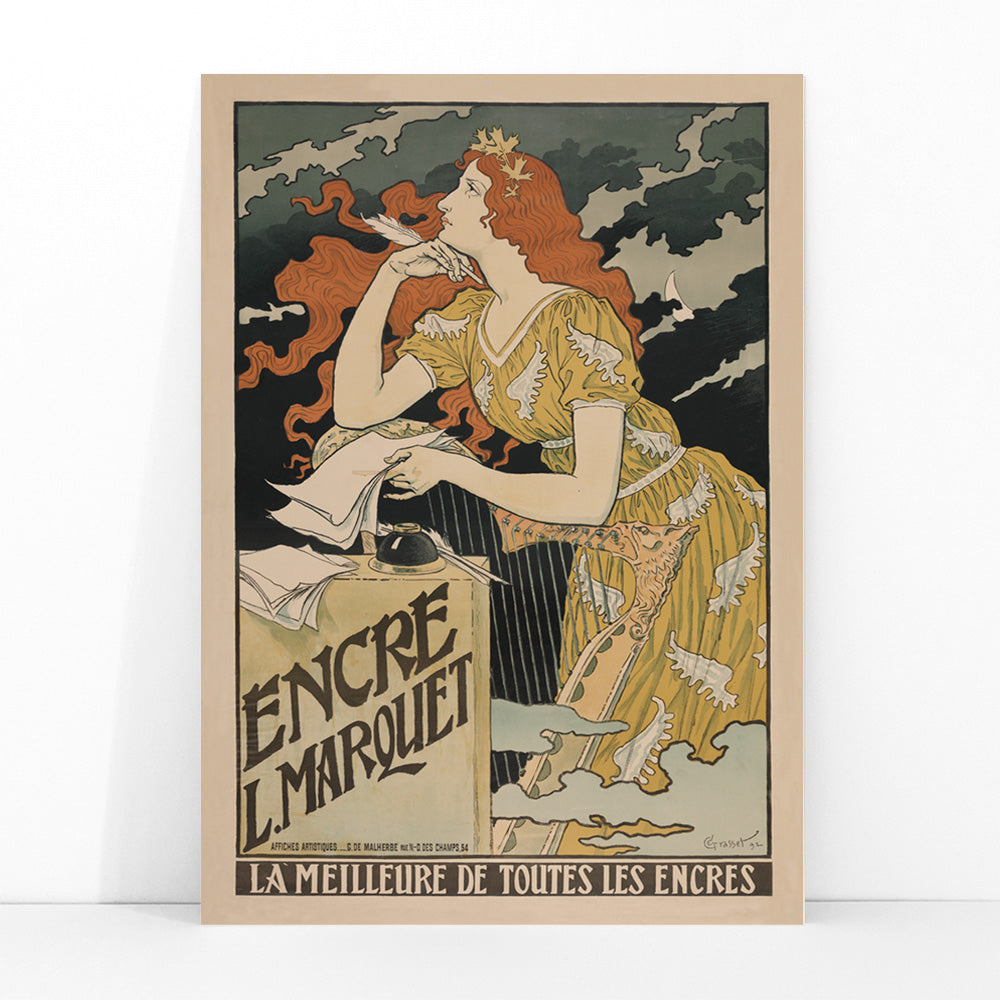 Art Nouveau poster of a woman in a yellow dress with flowing red hair writing at a desk for Encre Marquet by Eugene Grasset, framed and displayed in modern living room decor