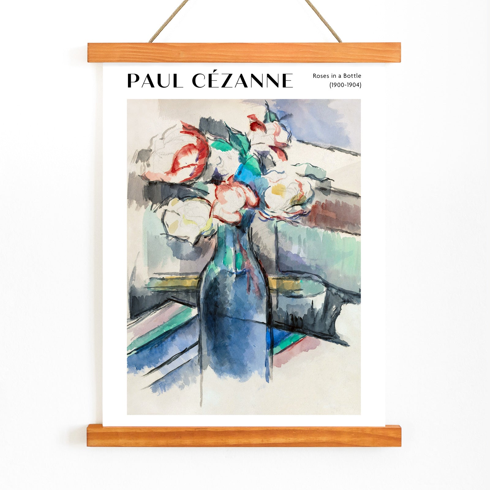 Still life painting of roses in a blue bottle by Paul Cezanne titled Roses in a Bottle watercolor art poster for art lovers, with wooden magnetic frame on white background