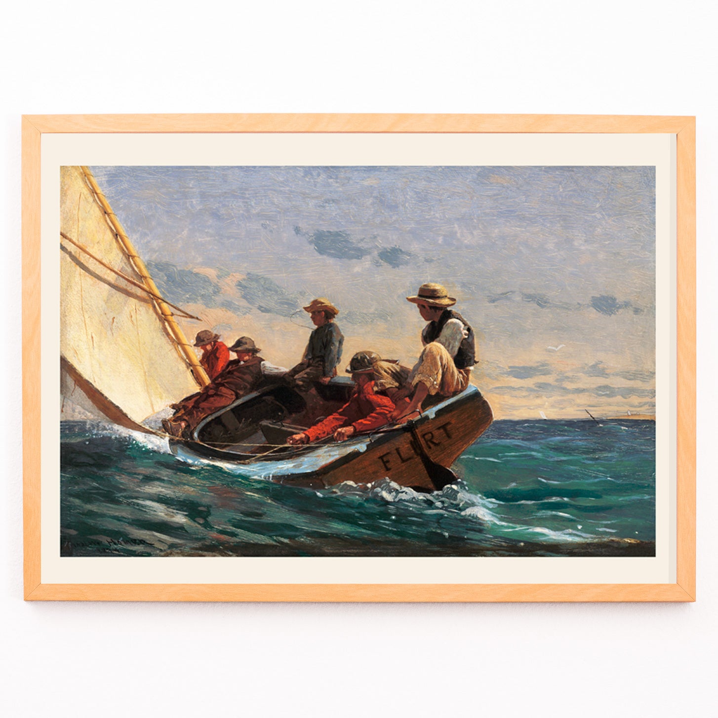 Closeup detail of Sailboat crew navigating ocean waves and people sailing on a boat in the sea The Flirt by Winslow Homer