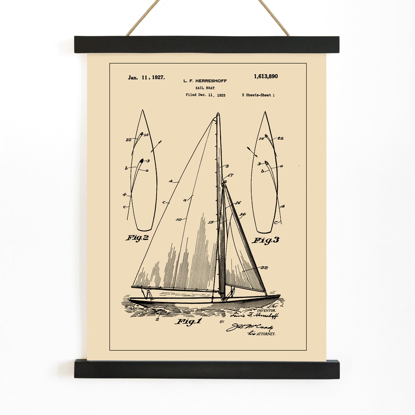 Vintage sailboat patent drawing and poster by L F Herreshoff featuring detailed technical sailboat artwork and schematics, with wooden magnetic frame on white background