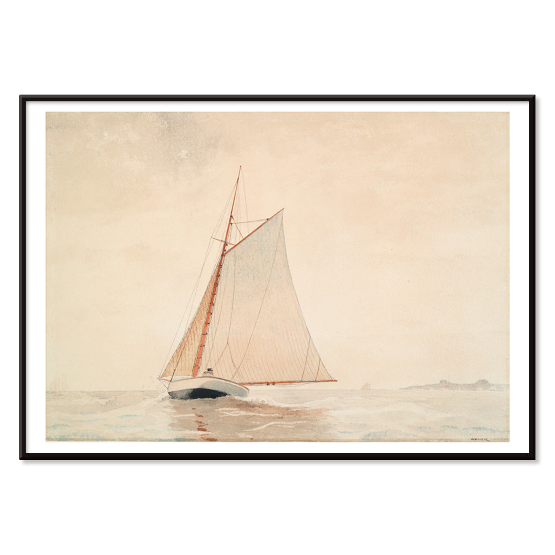 Sailboat on calm water under light sky Sailing off Gloucester by Winslow Homer wall art poster decor, with black aluminium frame on white background