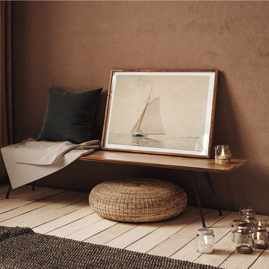 Sailboat on calm water under light sky Sailing off Gloucester by Winslow Homer wall art poster decor, framed and displayed in home decor