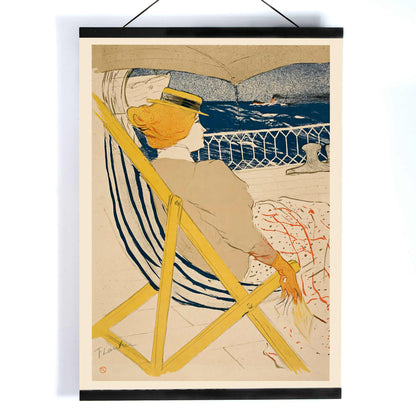 Henri de Toulouse-Lautrec La passagère du 54 poster with seated woman on deck blue sea striped chair and yellow accents, with wooden magnetic frame on white background