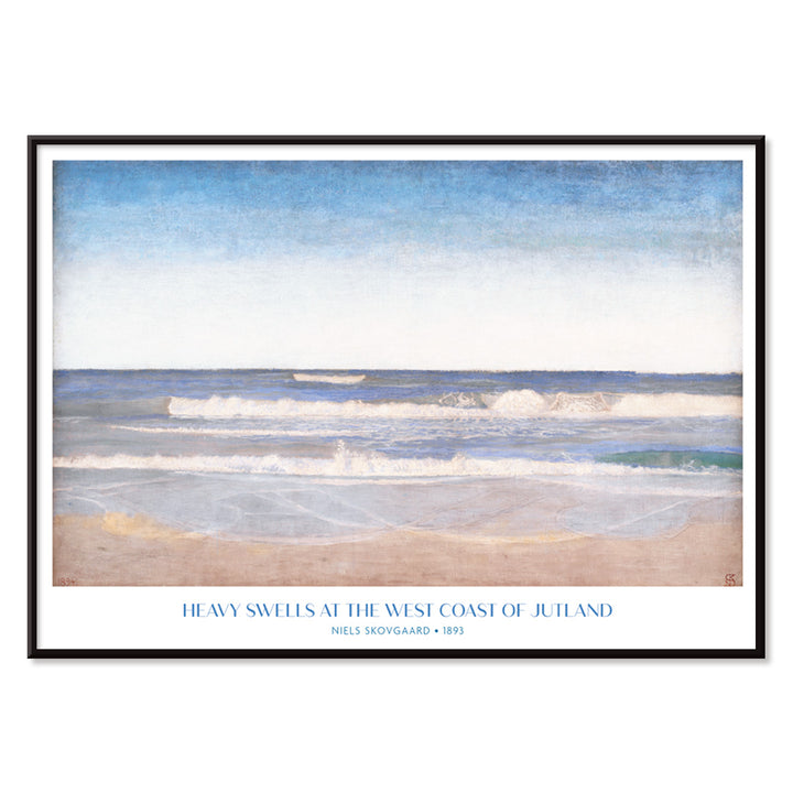 Ocean waves crashing on sandy shore painting and poster by Niels Skovgaard Heavy Swells at the West Coast of Jutland, with black aluminium frame on white background